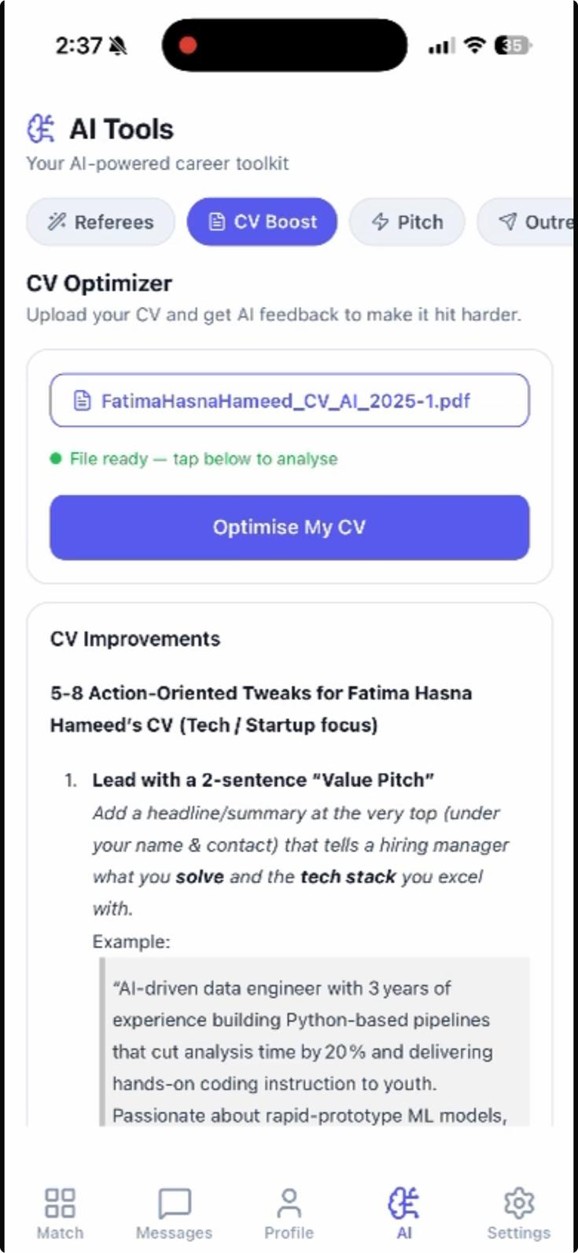 WeLink app — AI Tools screen with the CV Optimizer analysing an uploaded resume
